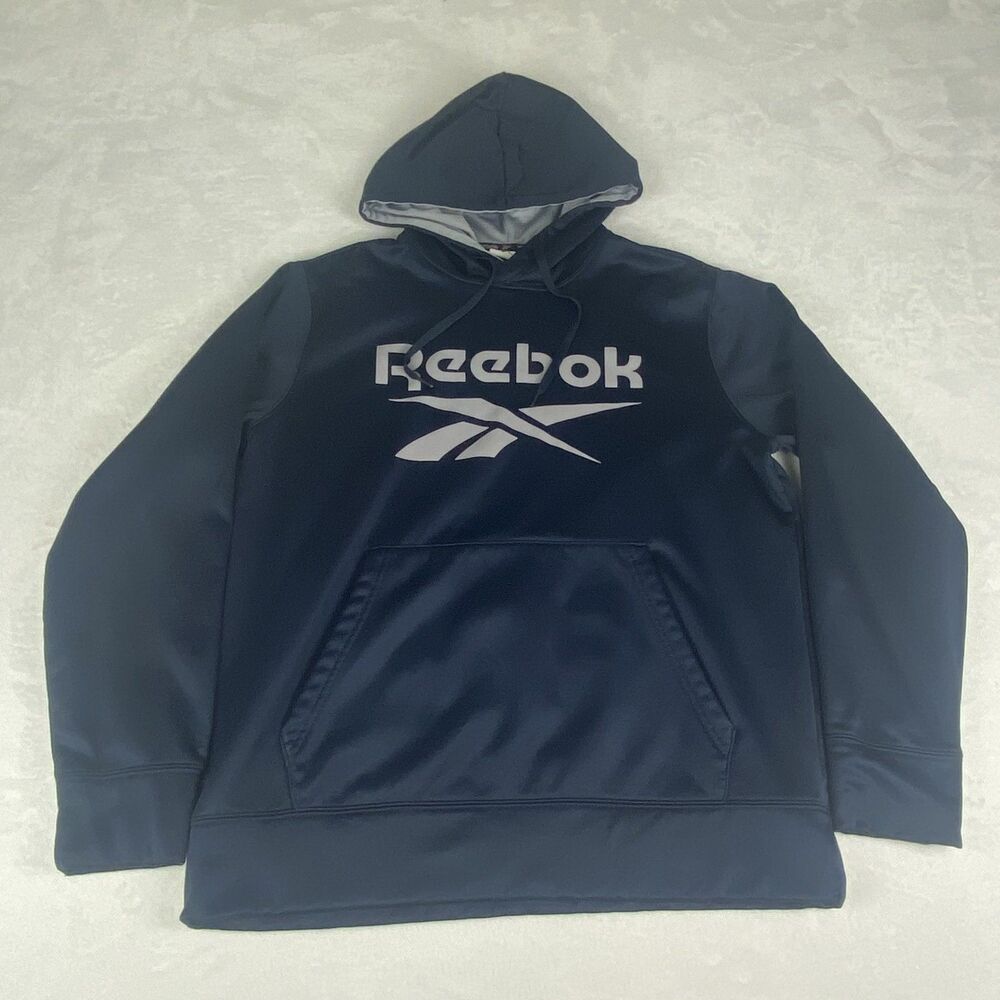 Reebok Sweater Mens Large Blue Logo Hoodie Sweatshirt Pullover Casual